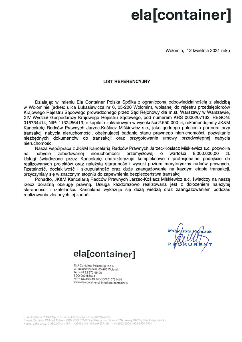Referencje Ela Container Polska